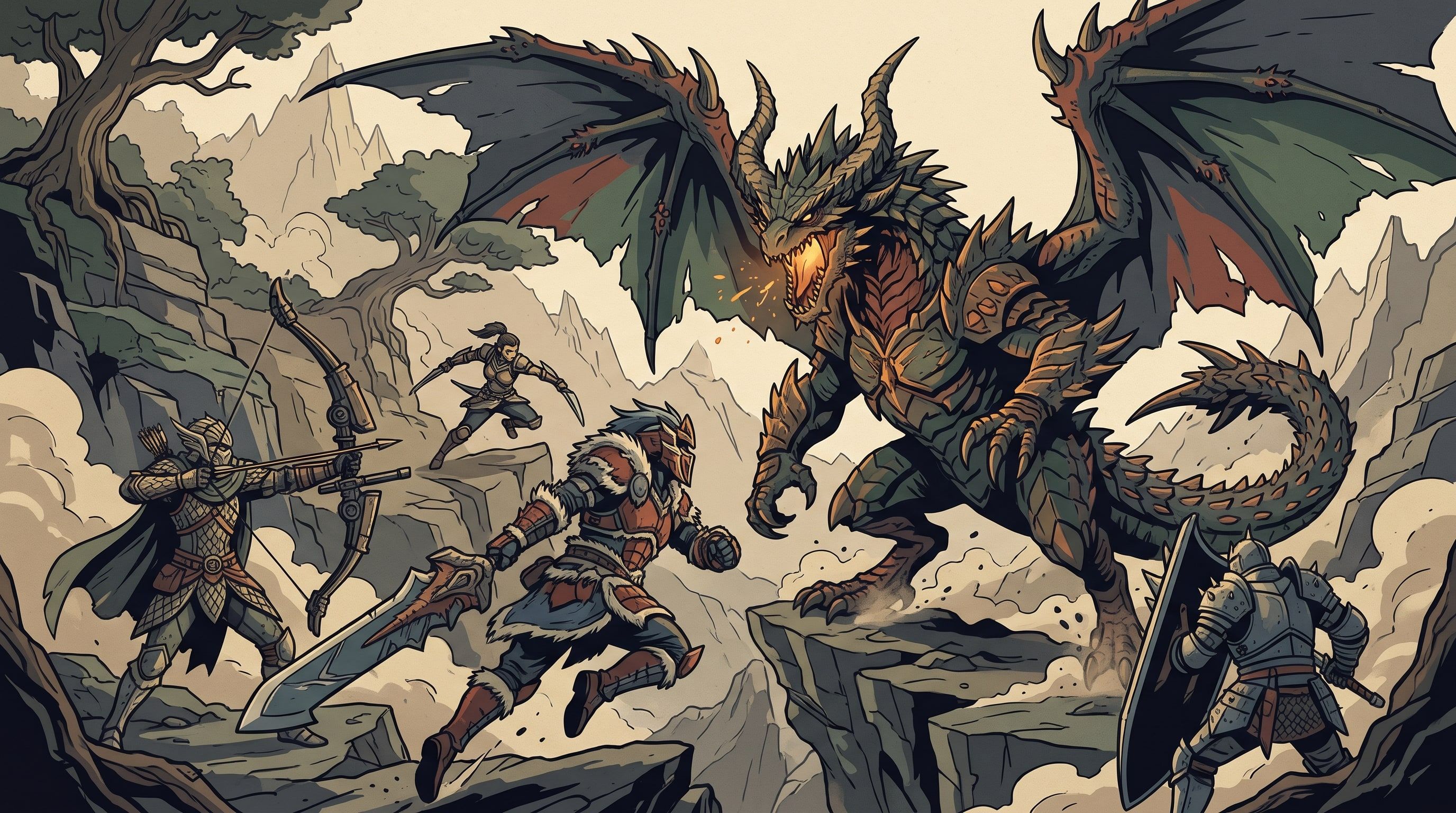 Illustration of one hunter fighting a monster beside three AI squadmates