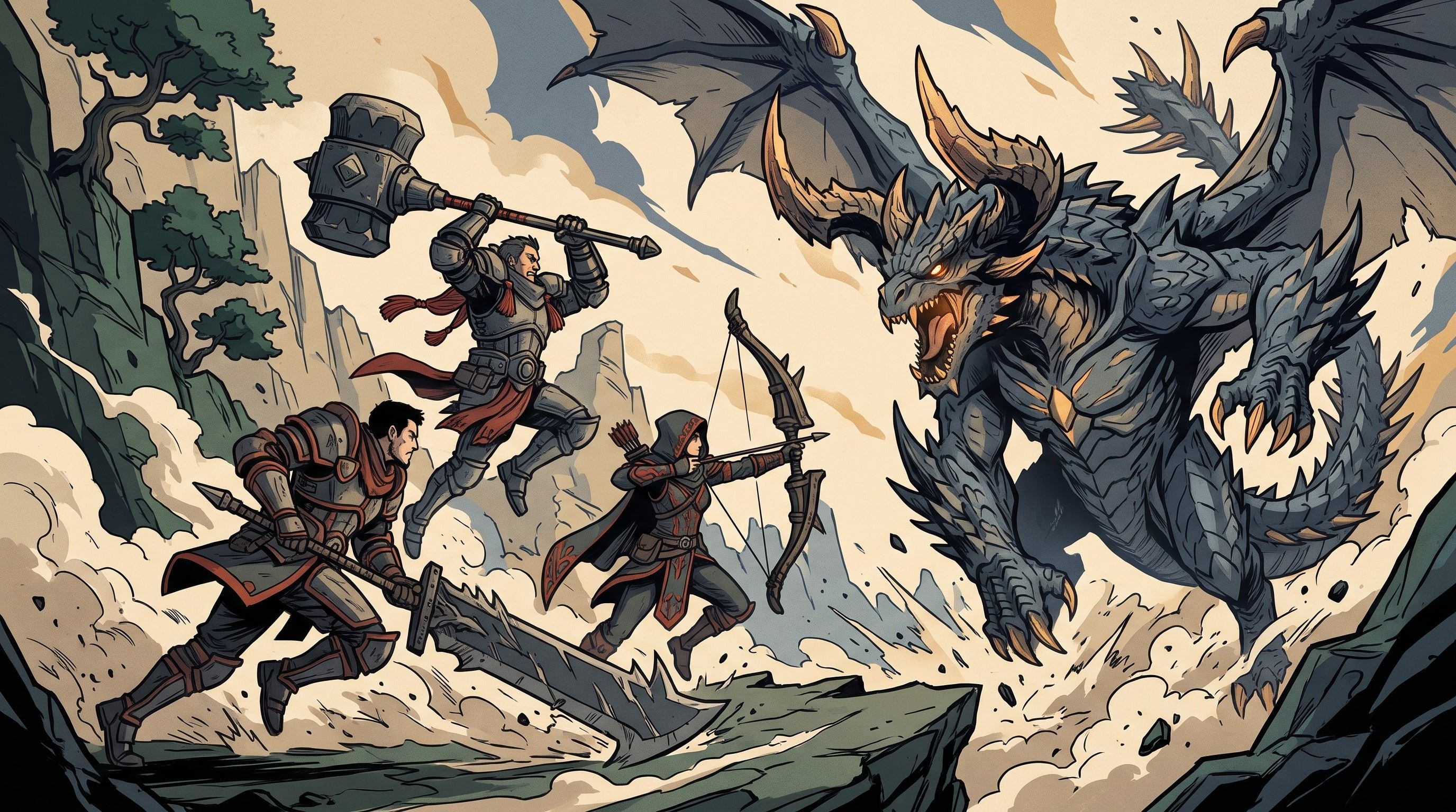 Illustration of Assault Adventurers attacking a monster