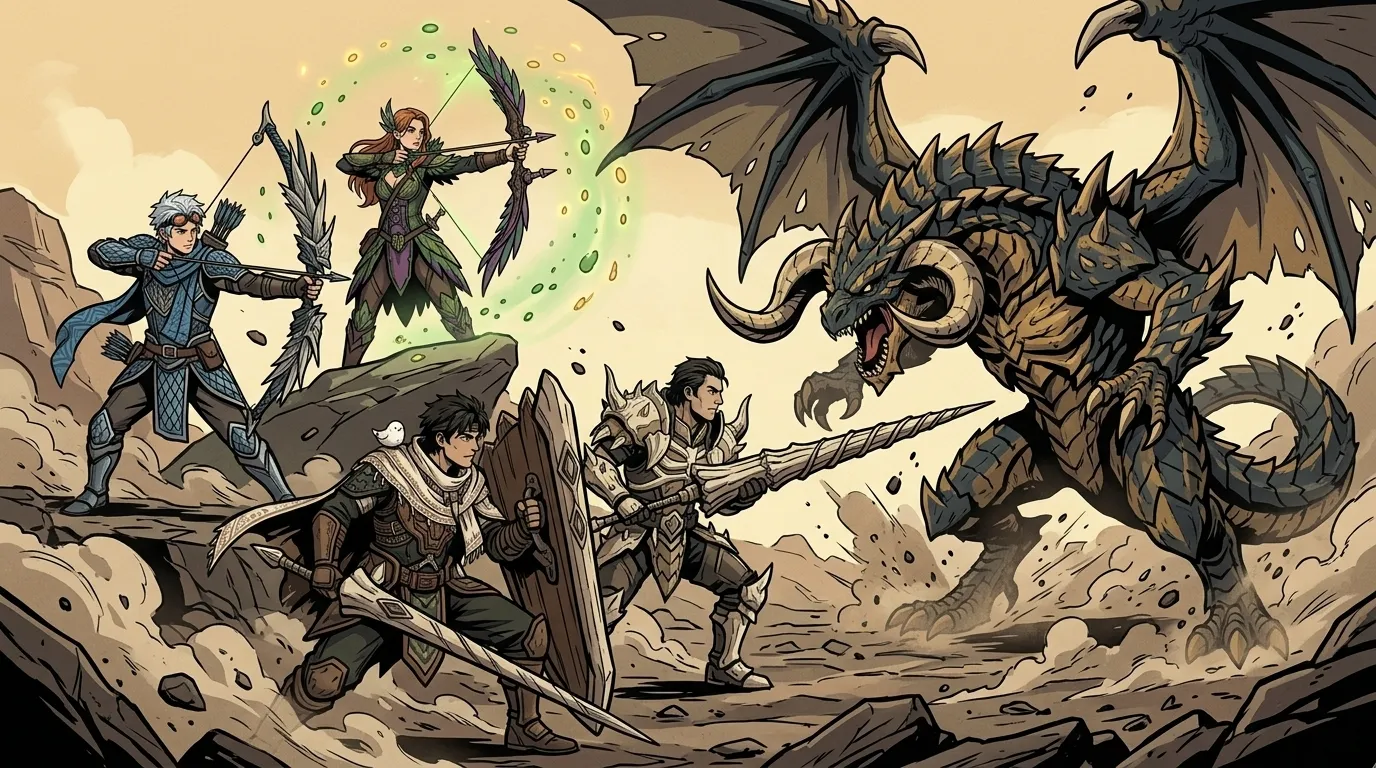 Illustration of two archers on a rock and two lance fighters charging a horned, winged monster