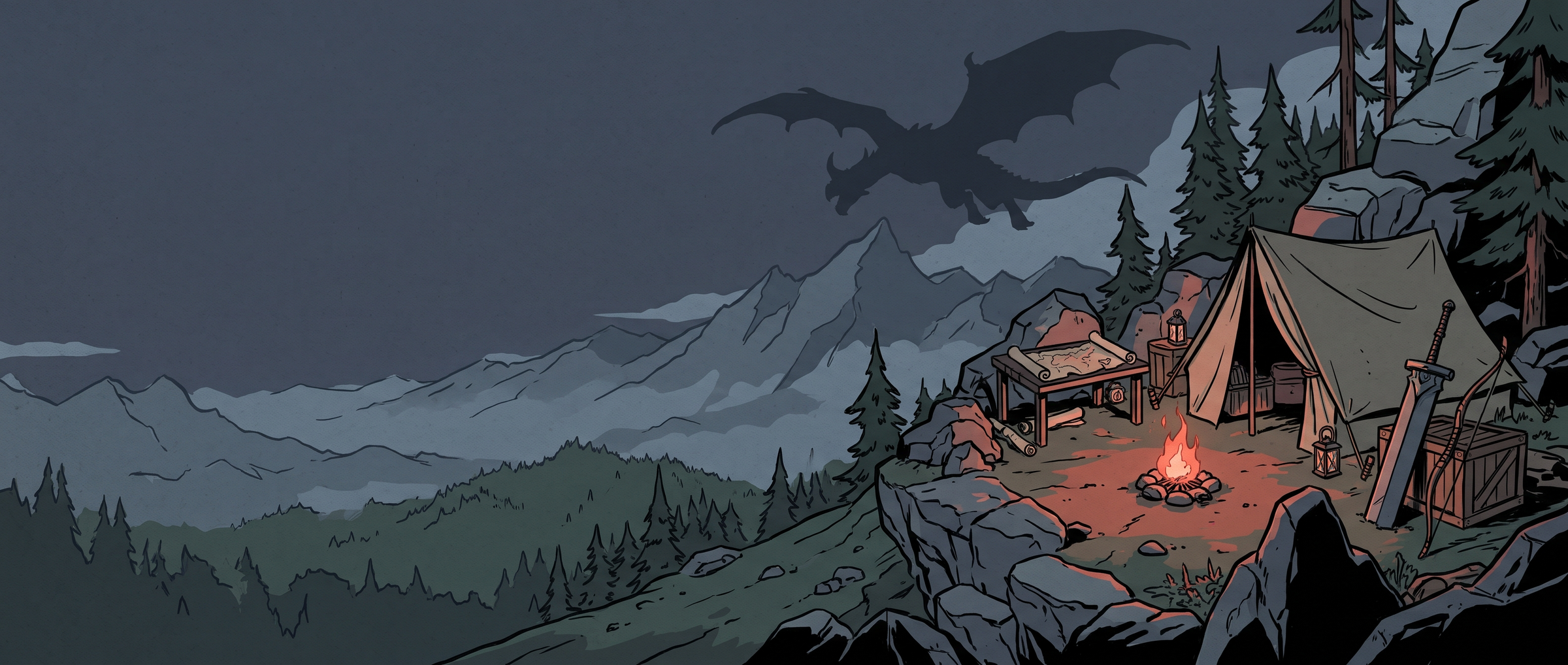 Illustration of a hunters' camp on a rocky ridge at dusk, with a horned wyvern over the mountains