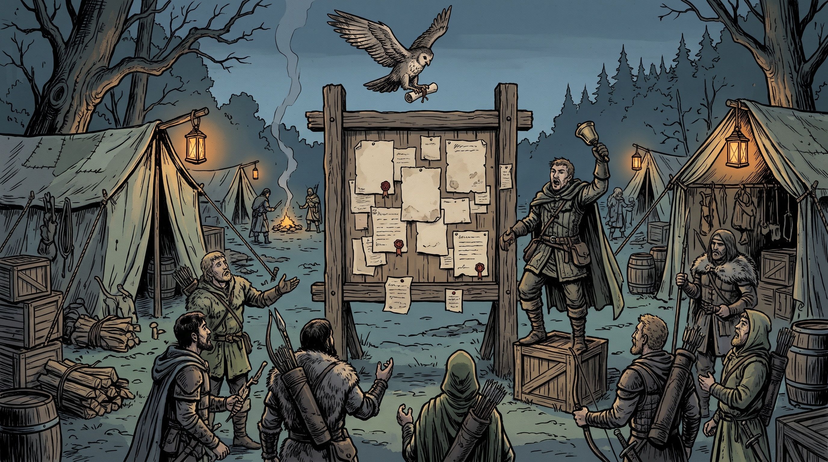 Illustration of hunters gathered at a camp notice board while a messenger bird delivers a new letter