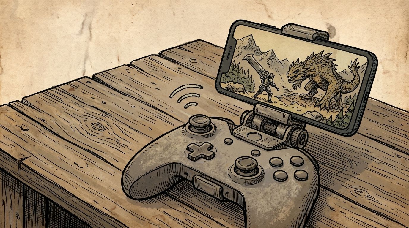 Illustration of a phone on a controller showing a Great Sword hunter facing a monster, with a wireless signal
