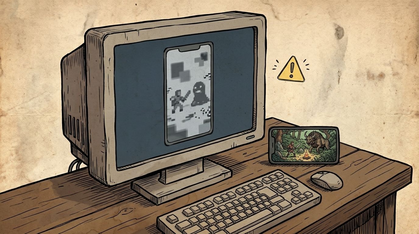 Illustration of a blurry emulator window on a PC screen next to a clear phone showing the same scene, with a warning sign