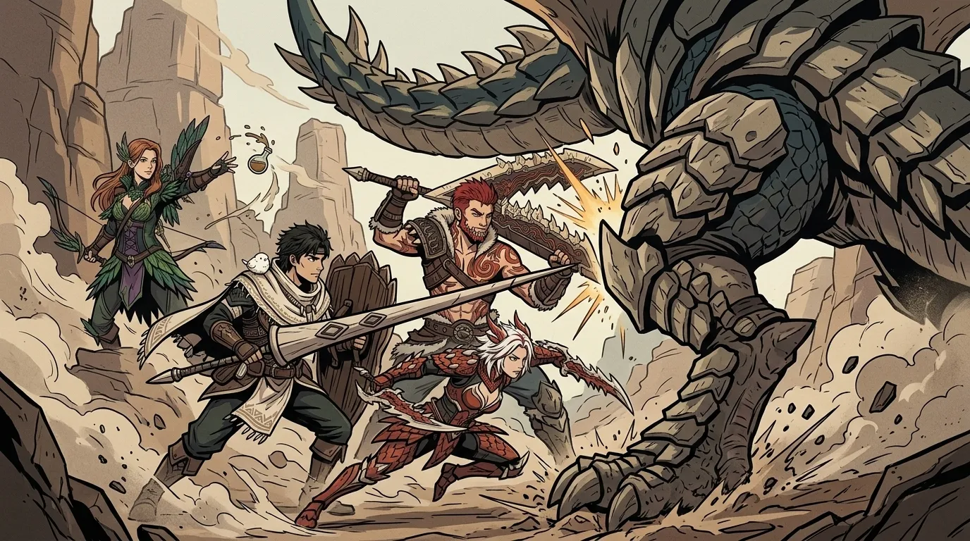 Illustration of three melee hunters striking an armored monster leg while an archer throws a potion from the back