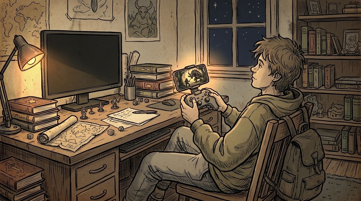 Illustration of a player at a desk at night using a phone clipped to a controller, with the monitor switched off