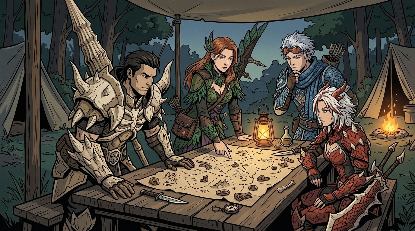 Illustration of four hunters around a camp table, planning a hunt over a map with small wooden markers