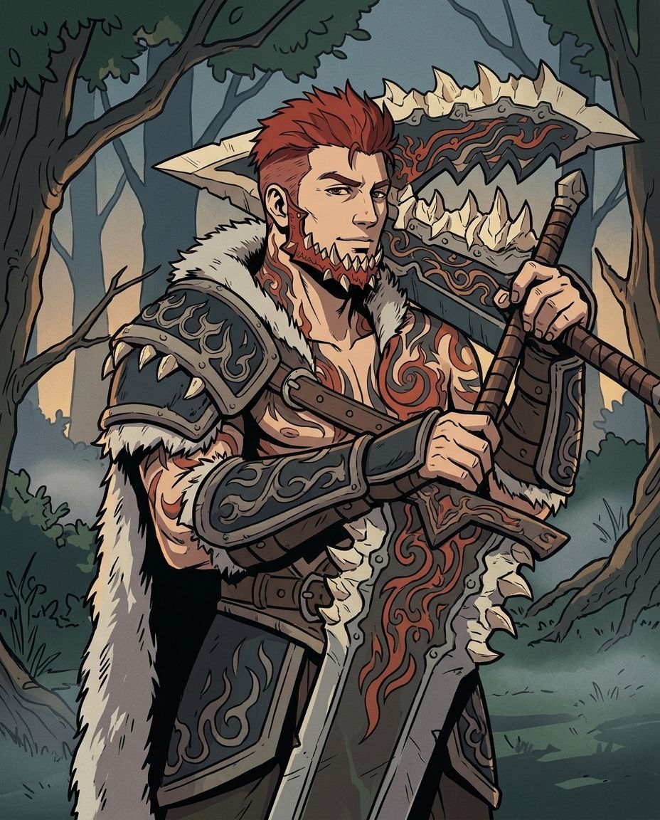 Half-length illustration of Pyro holding a Great Sword in a misty forest clearing