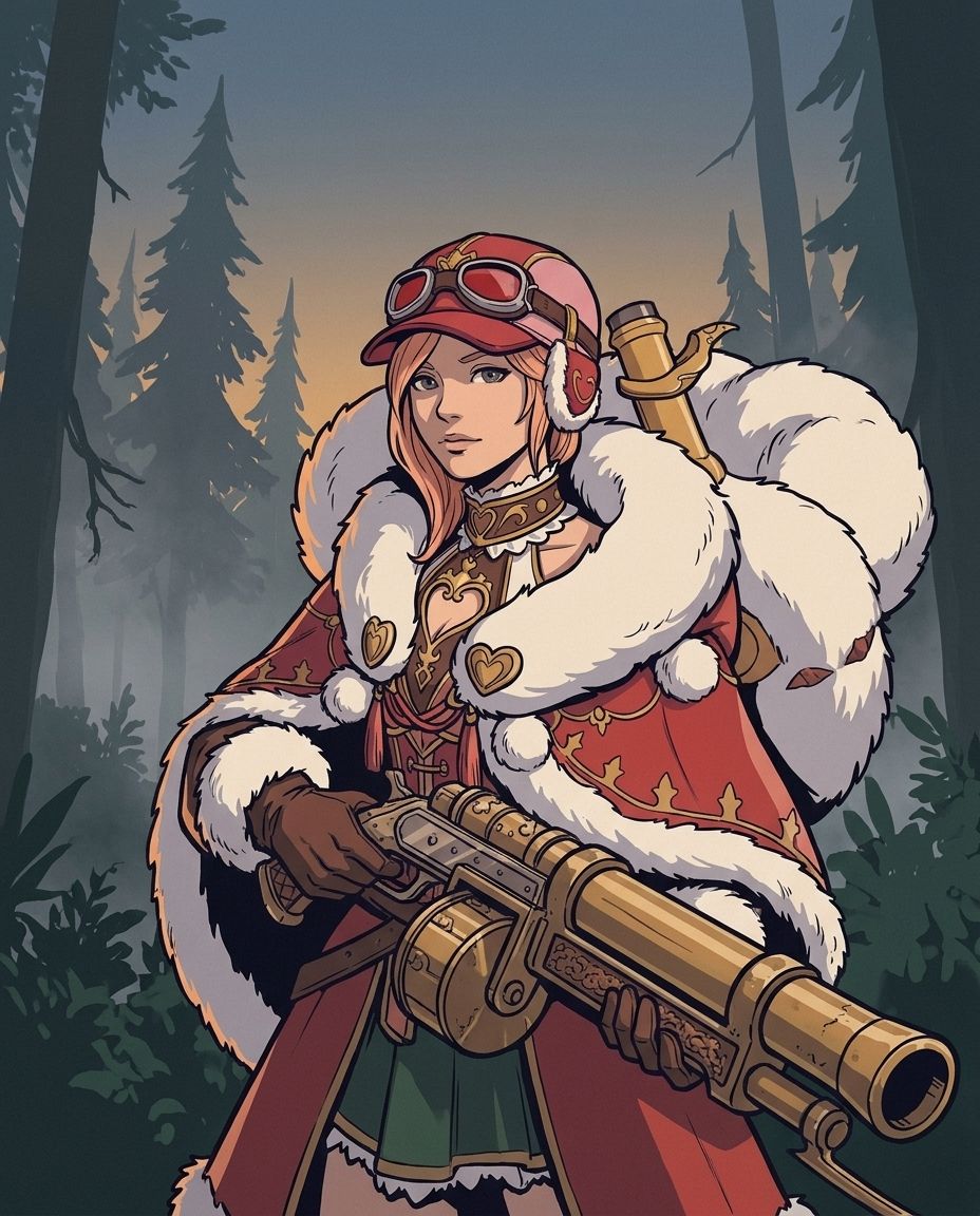 Half-length illustration of Pepper holding a Heavy Bowgun in a misty forest clearing