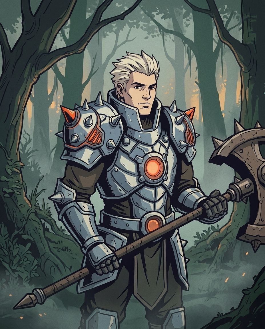 Half-length illustration of Rhodes resting a Hammer on one shoulder in a misty forest clearing