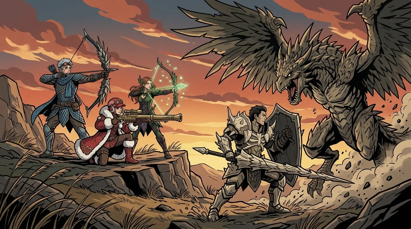 Illustration of three shooters on a ridge firing at a winged monster while one shield fighter blocks in front