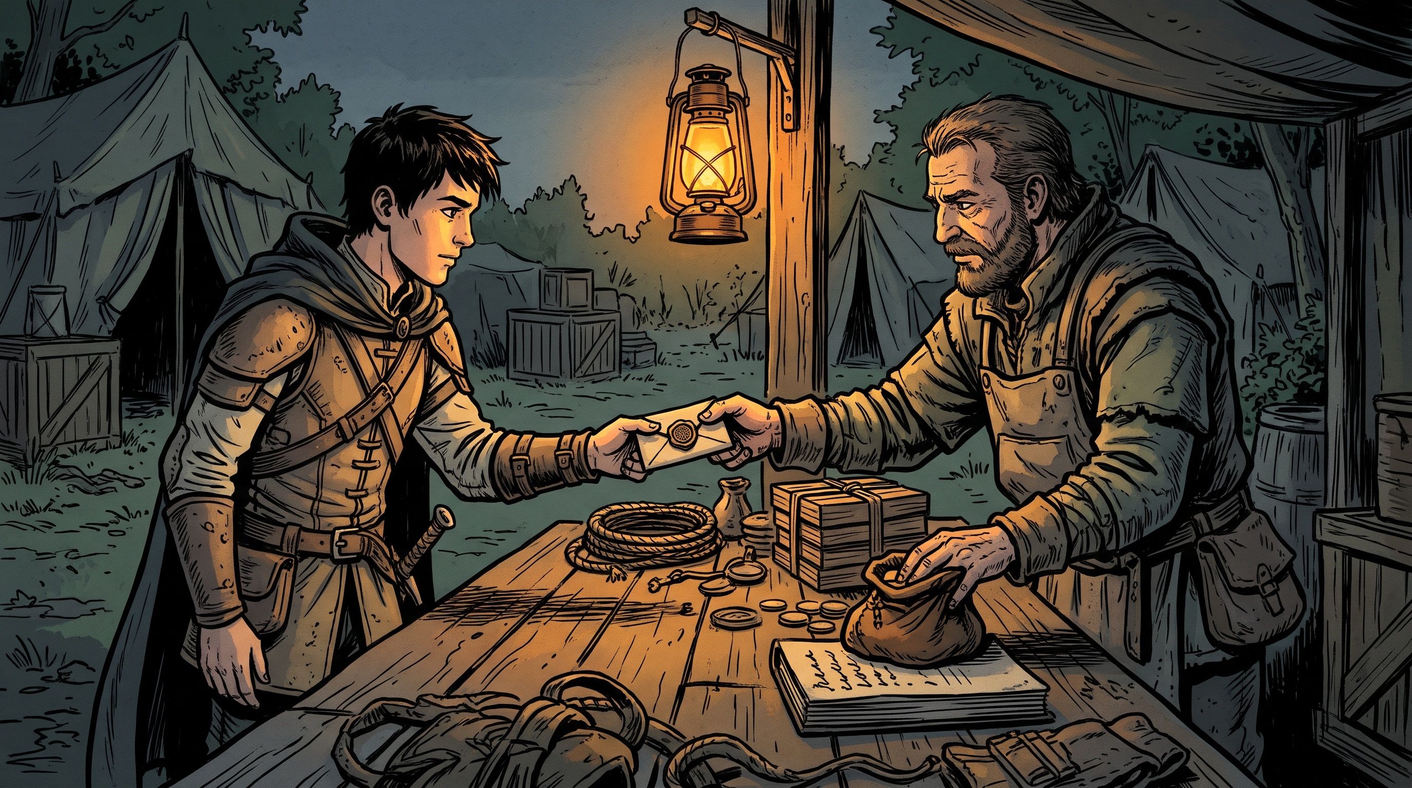 Illustration of a hunter handing a sealed token to a camp quartermaster in exchange for a pouch of coins