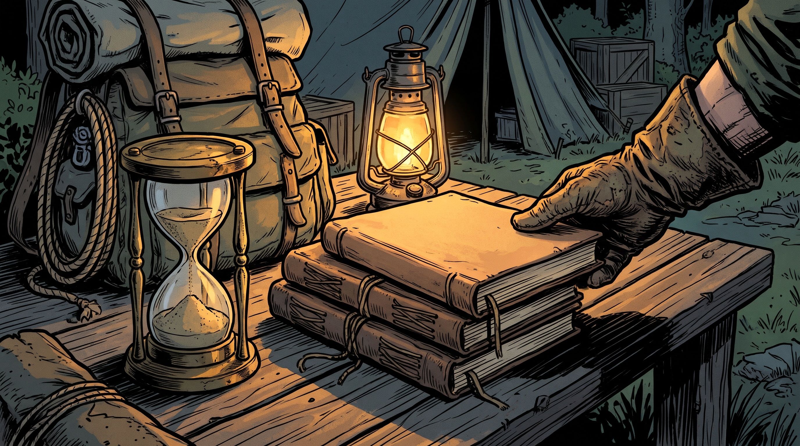 Illustration of an hourglass, a stack of blank journals and a packed travel bag on a camp table at night