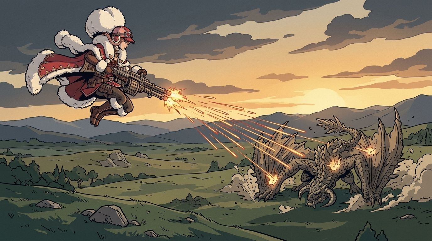 Illustration of Pepper in midair firing a rapid stream of Heavy Bowgun shots downward