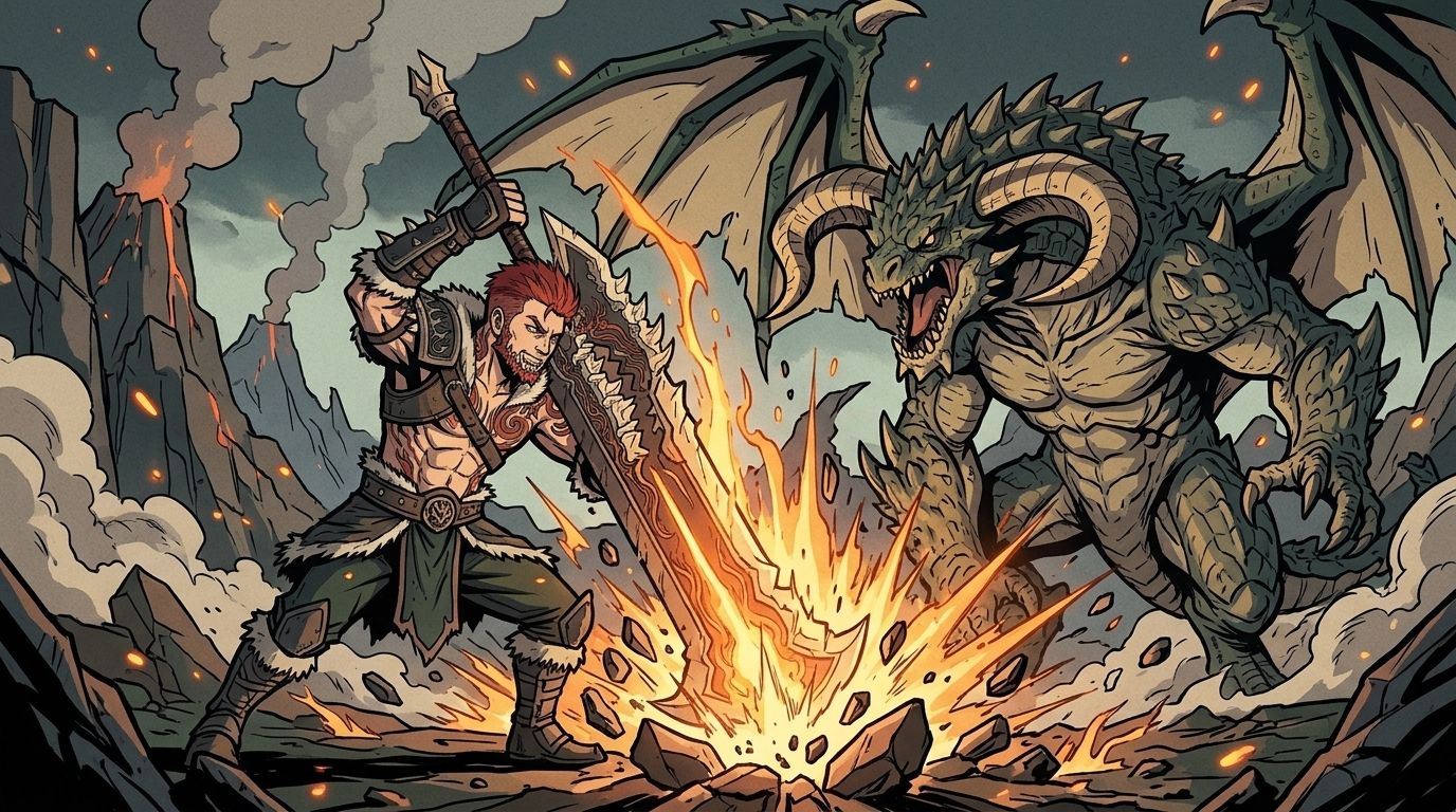 Illustration of Pyro shrugging off a hit as the Great Sword glows hot, then bringing it down in a huge overhead strike