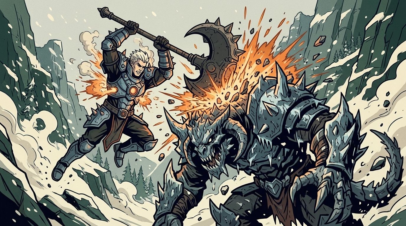 Illustration of Rhodes charging the Hammer as armor vents release steam and orange light, then smashing the ground into an explosion