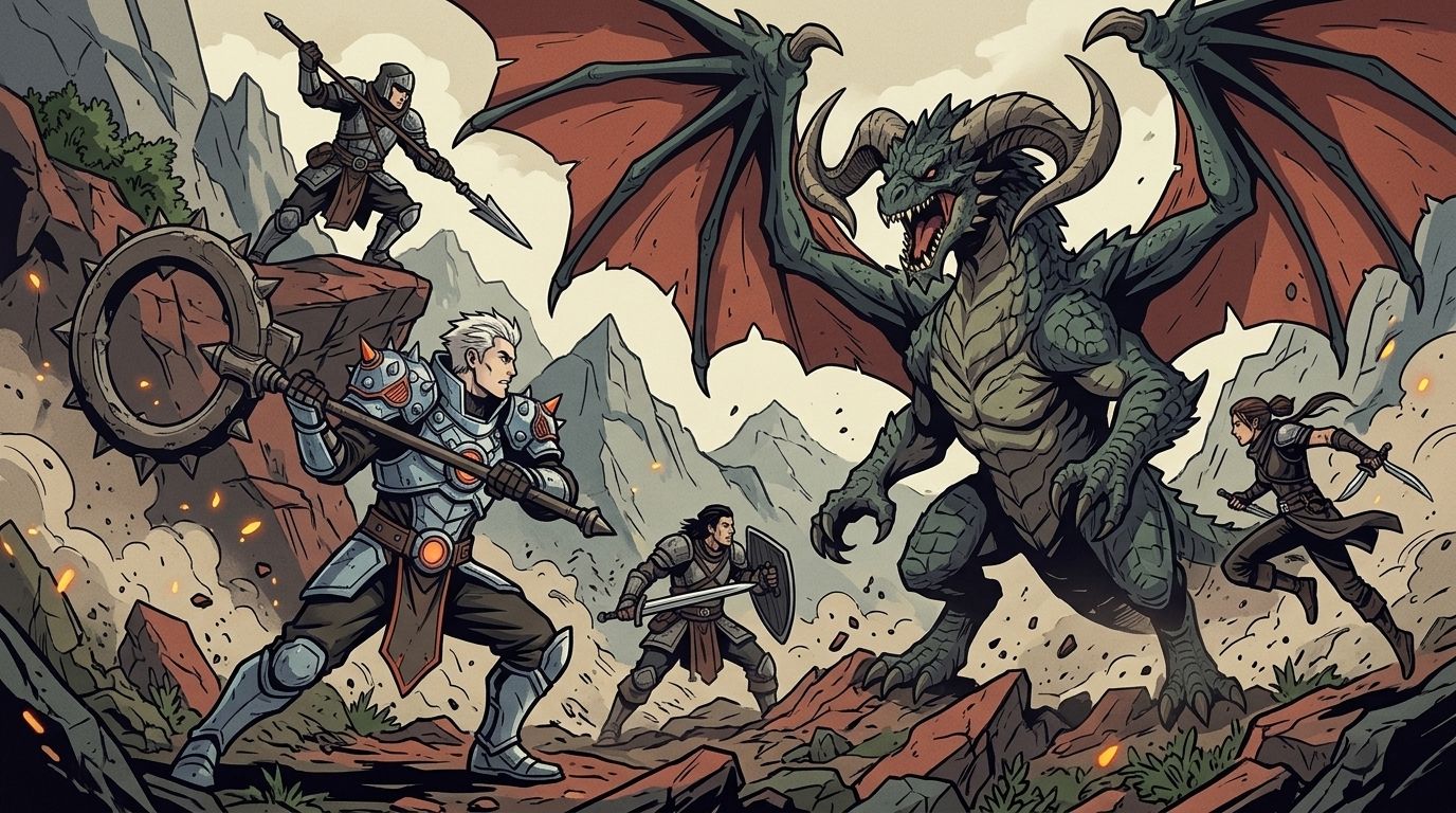 Illustration of Rhodes swinging a Hammer at a large flying wyvern beside three hunters