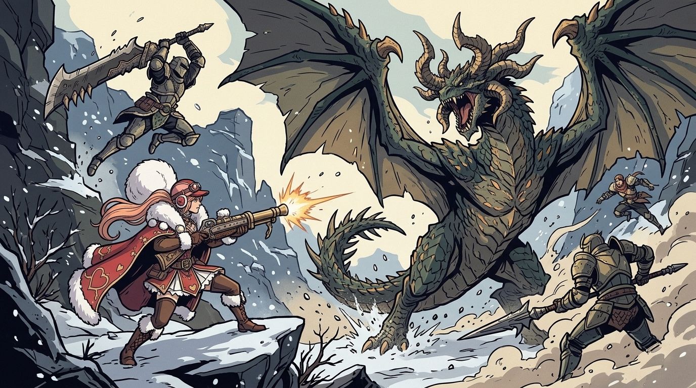 Illustration of Pepper firing from range while three hunters fight a large flying wyvern