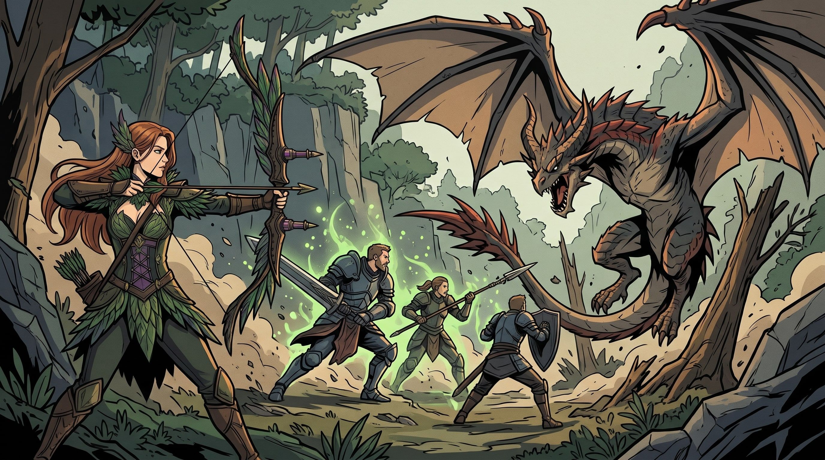 Illustration of Madelyn fighting alongside a squad of four