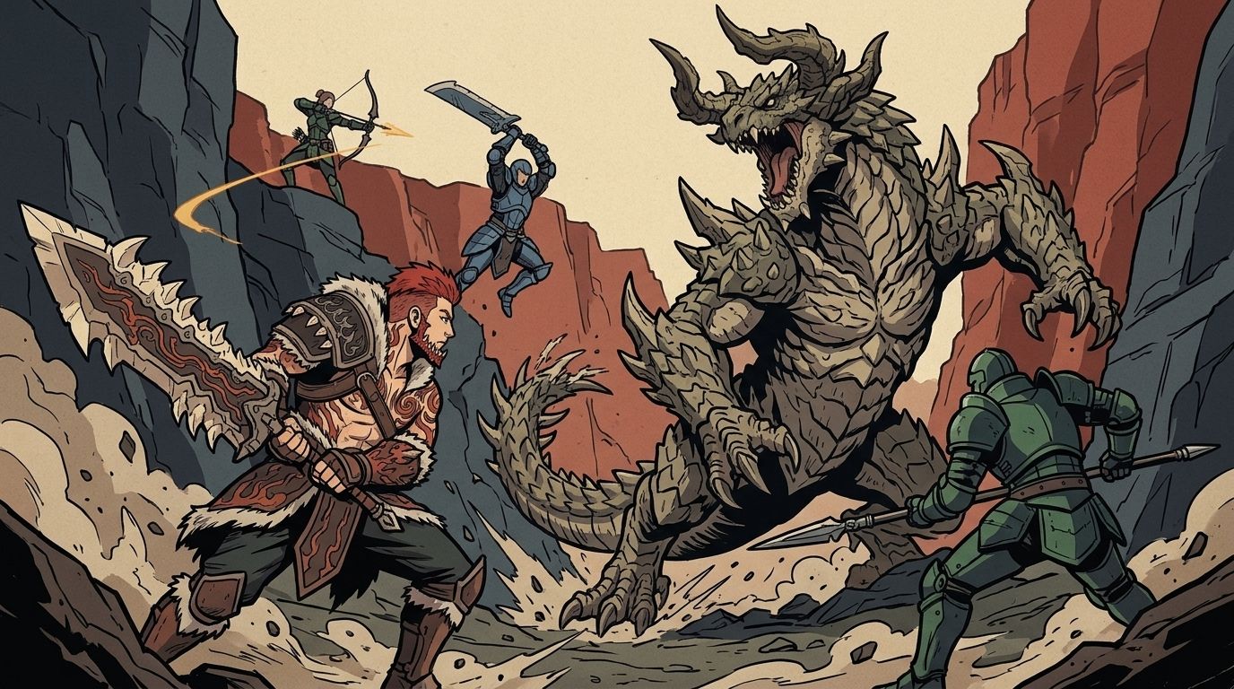 Illustration of Pyro pressing in on a large flying wyvern beside three hunters