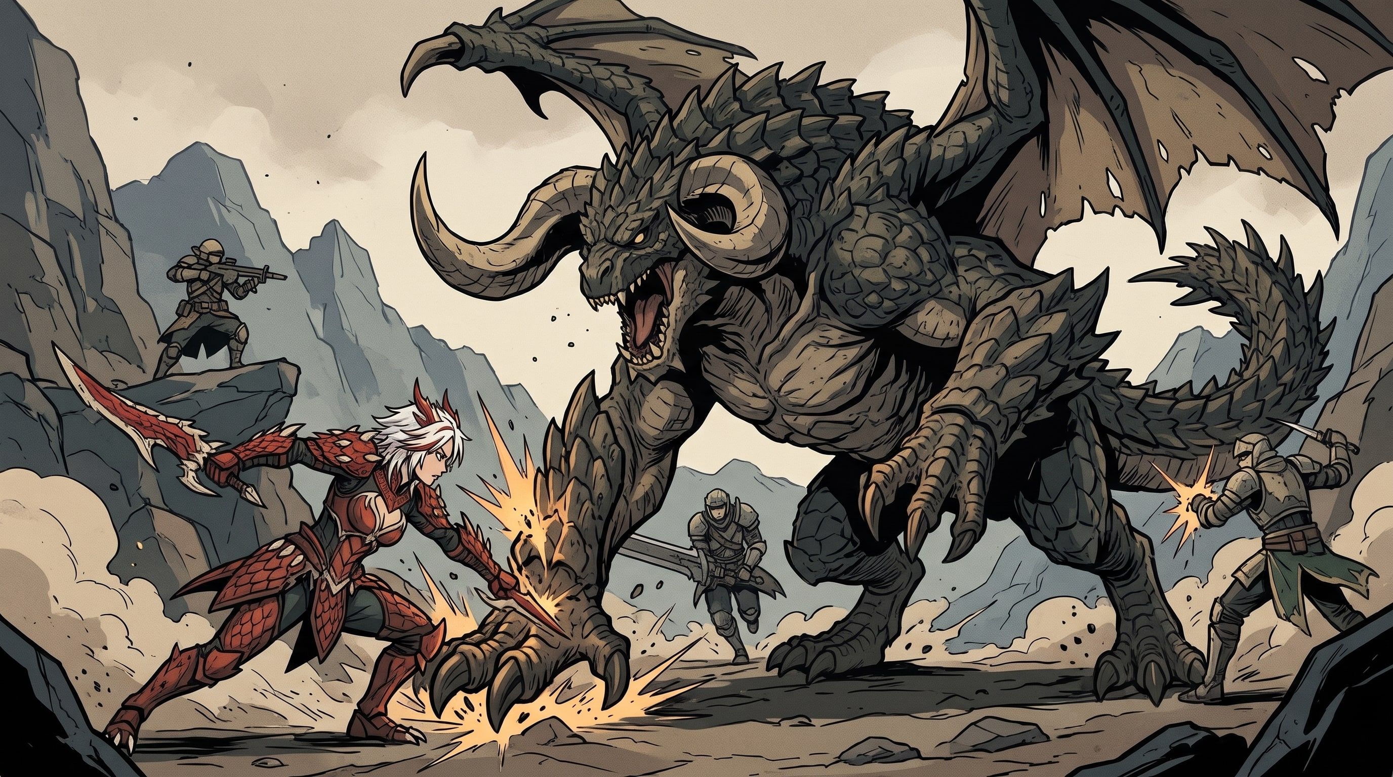 Illustration of Keres fighting up close beside three squad members