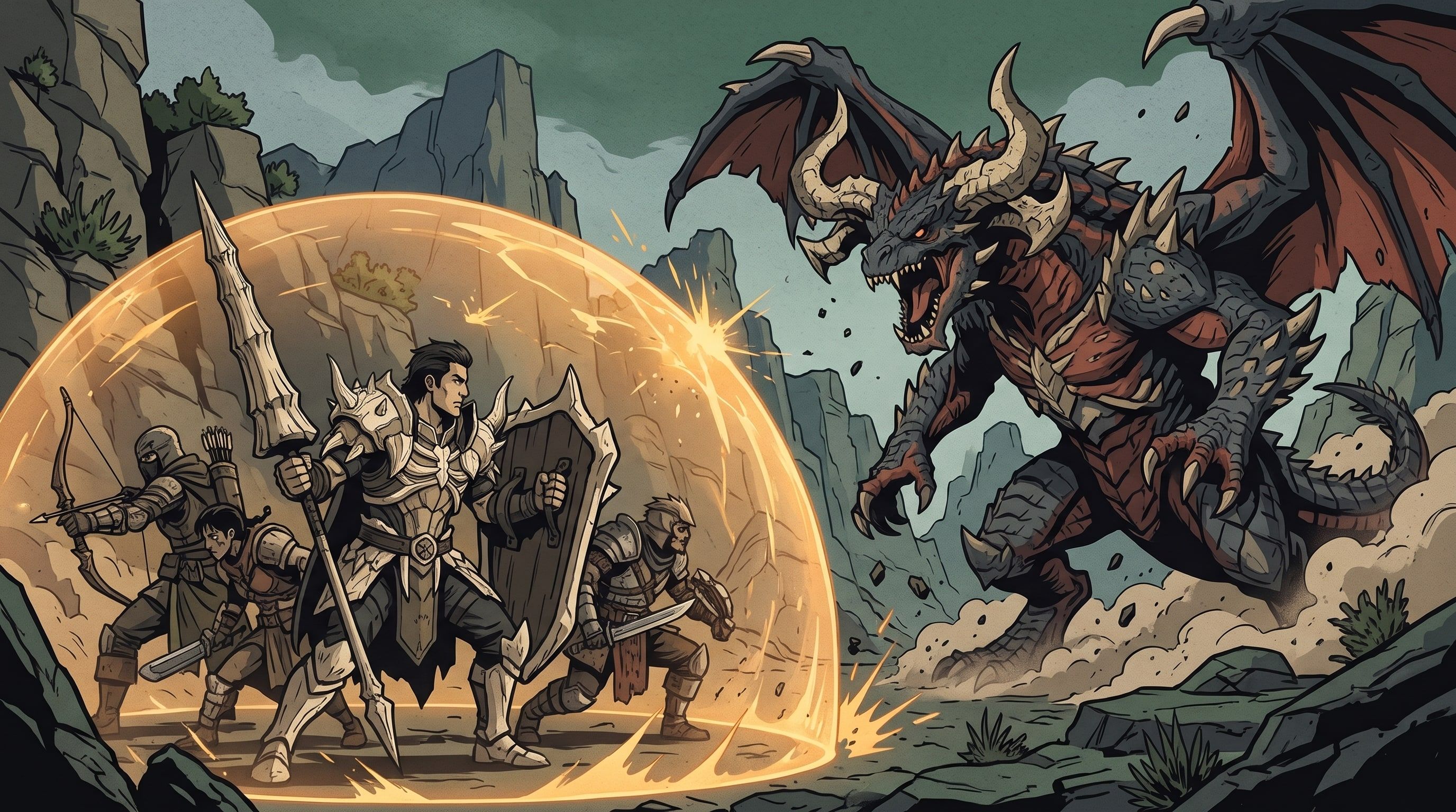 Illustration of Arkaya fighting alongside a squad of four