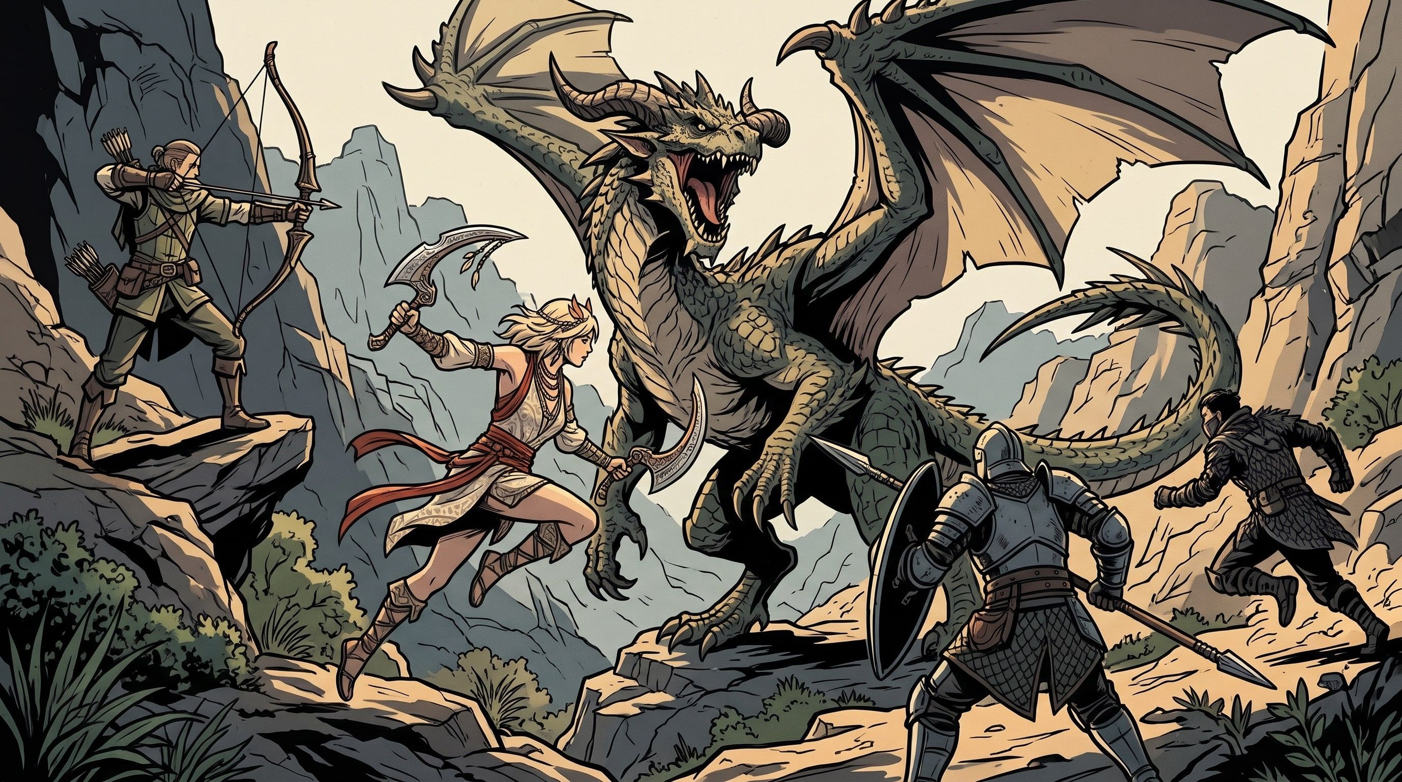 Illustration of Raya weaving around a monster beside three squad members