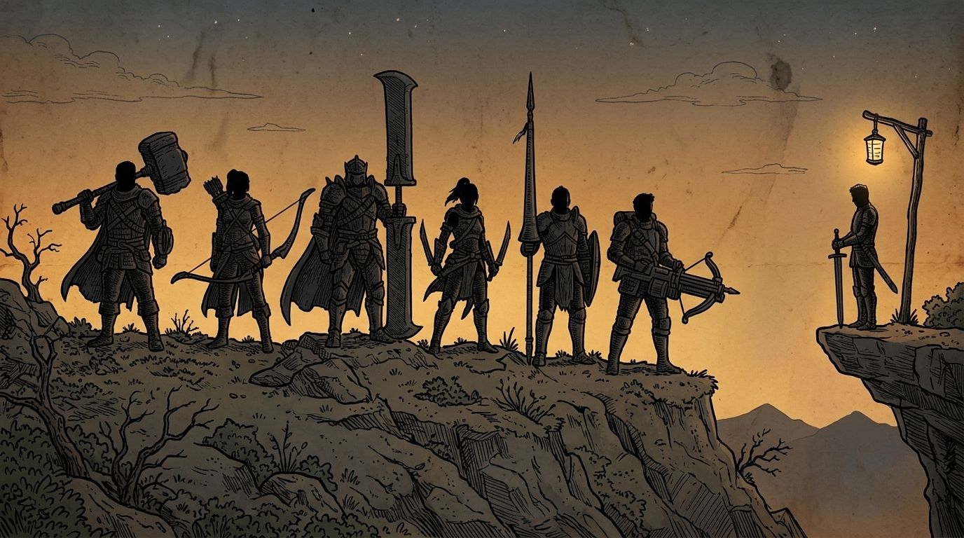 Illustration of six hunters with different weapons on a ridge at dusk, and a lone Long Sword user under a lantern on a separate rock