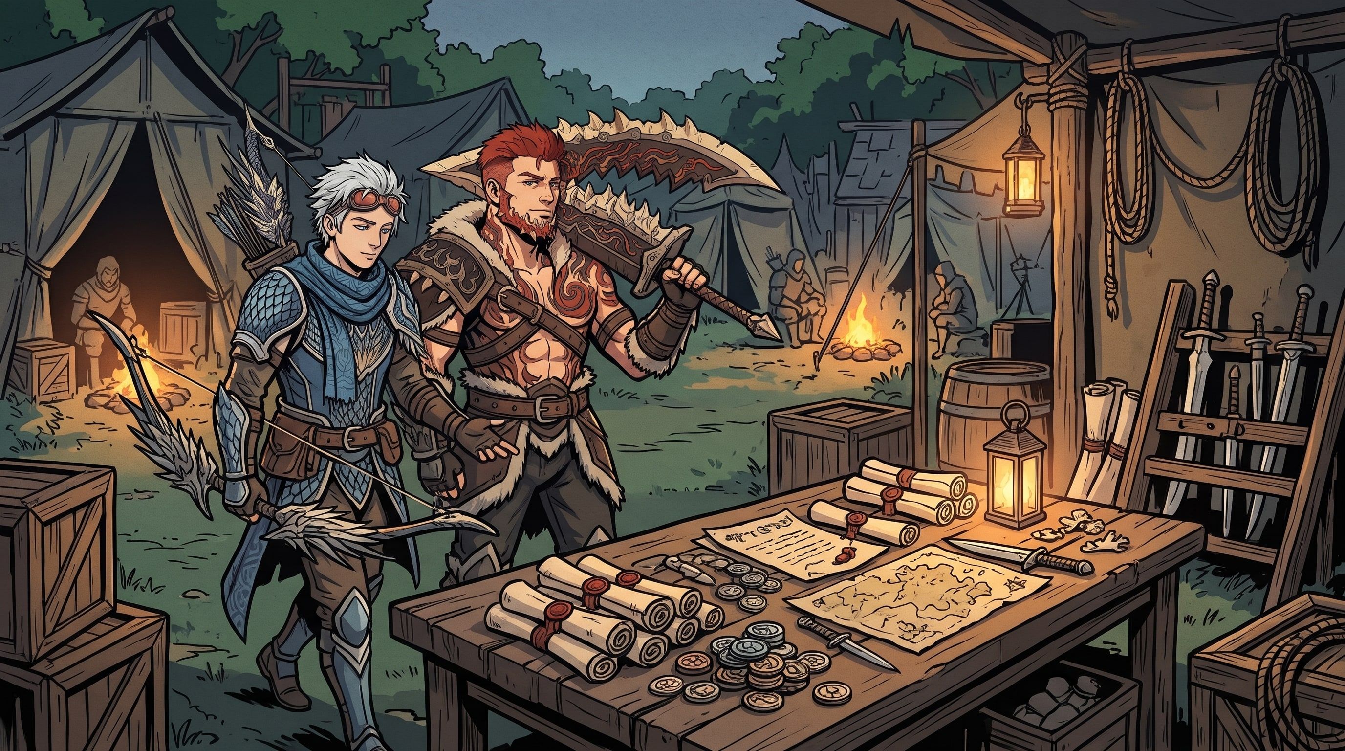 Illustration of launch event rewards with recruitment items and two Adventurers