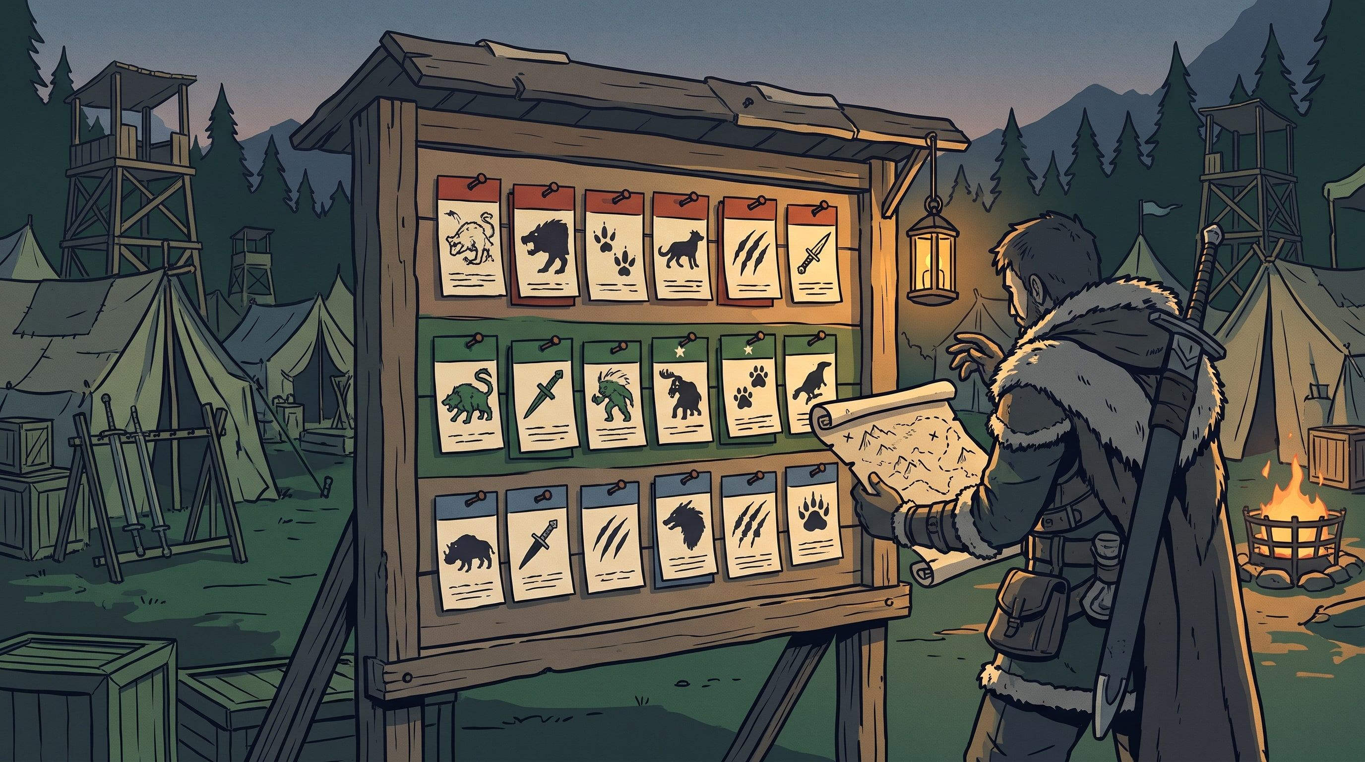 Illustration of a hunter checking a tier list before recruiting