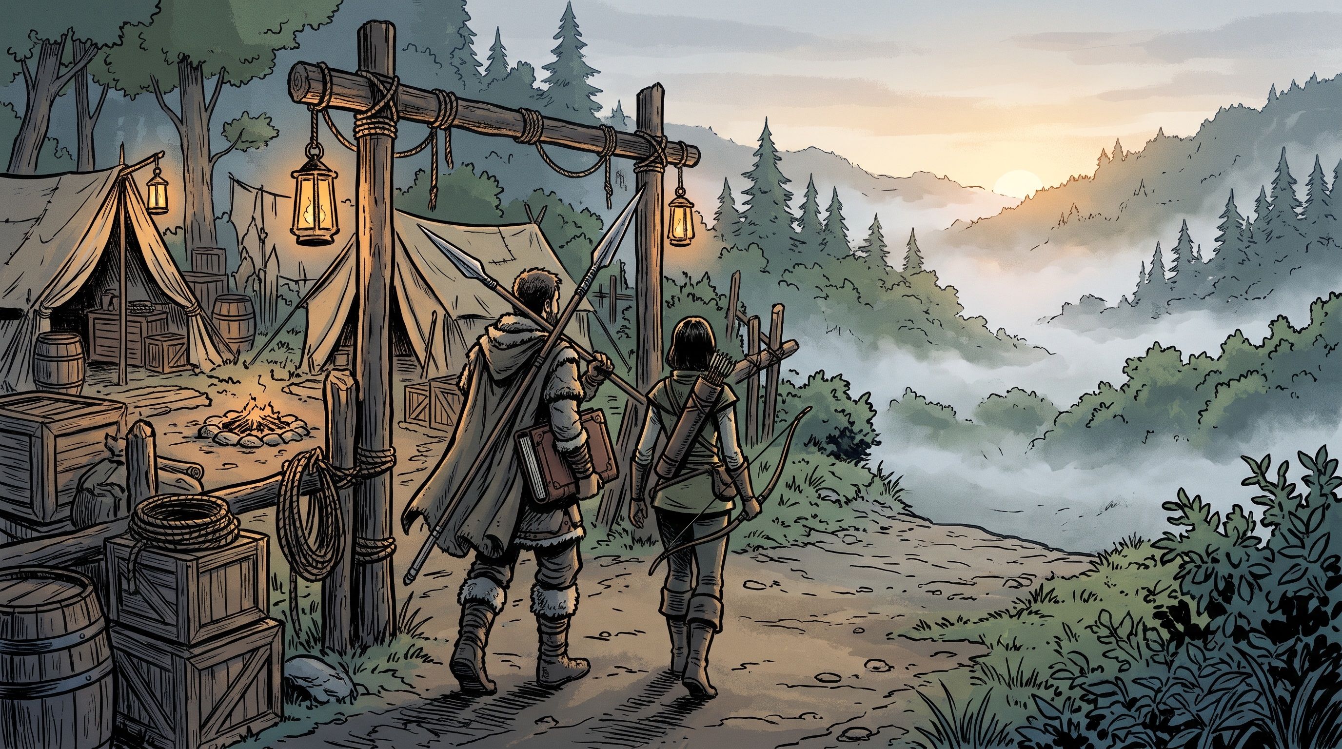 Illustration of two hunters with a lance and a bow walking out of camp at sunrise