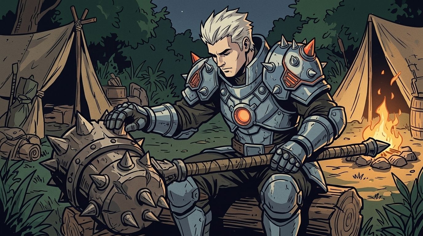 Illustration of Rhodes studying the Hammer at camp
