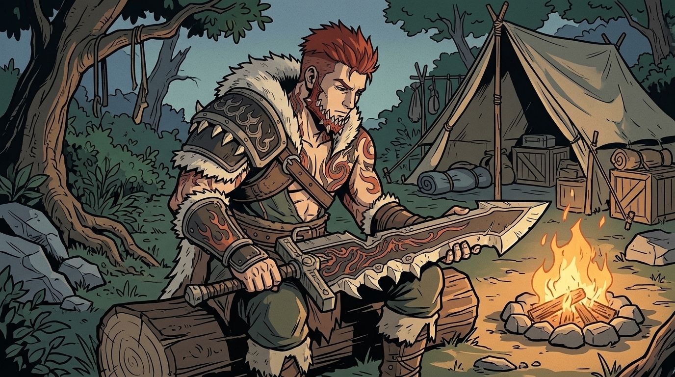 Illustration of Pyro inspecting the Great Sword at camp