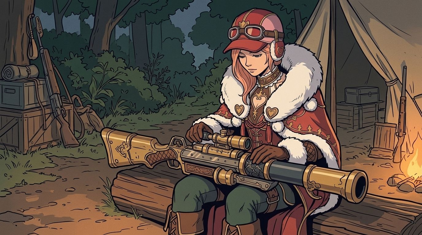 Illustration of Pepper checking a Heavy Bowgun at camp